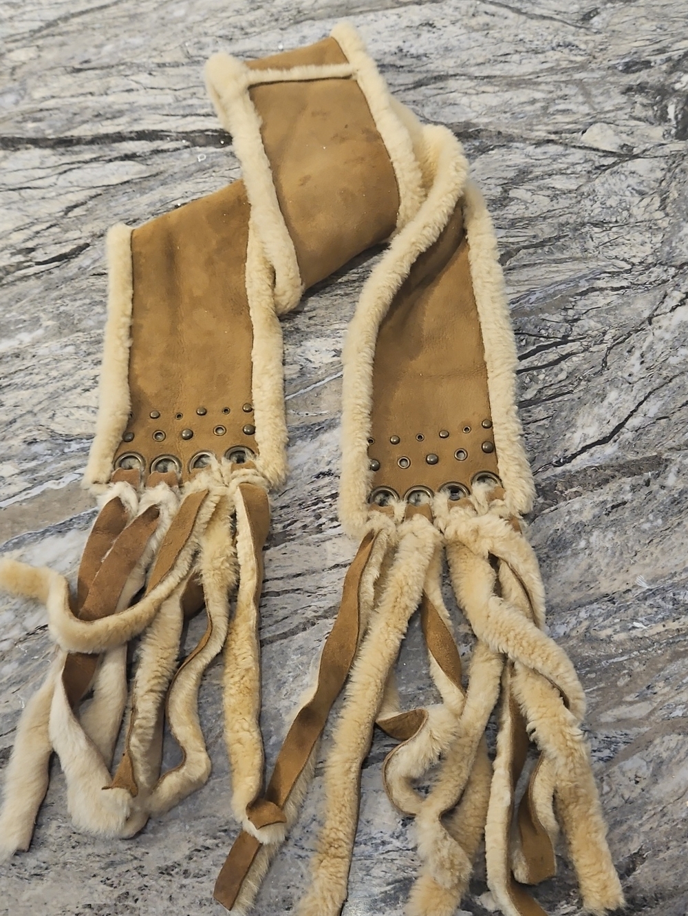 UGG Chestnut Brown Suede  Shearling Scarf With  Fringe